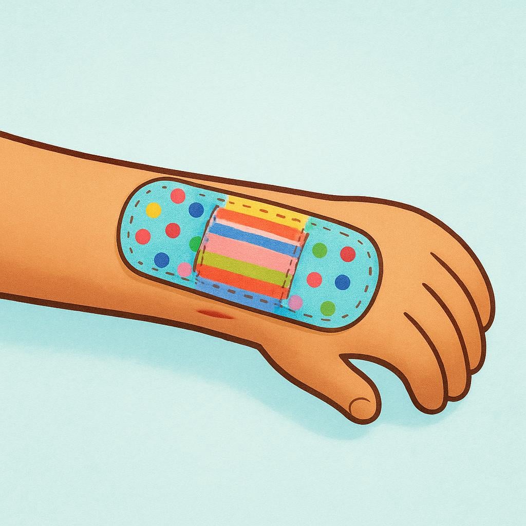 A cartoon child's arm with a colorful blue and white polka dot bandage wrapped around a visible cut.