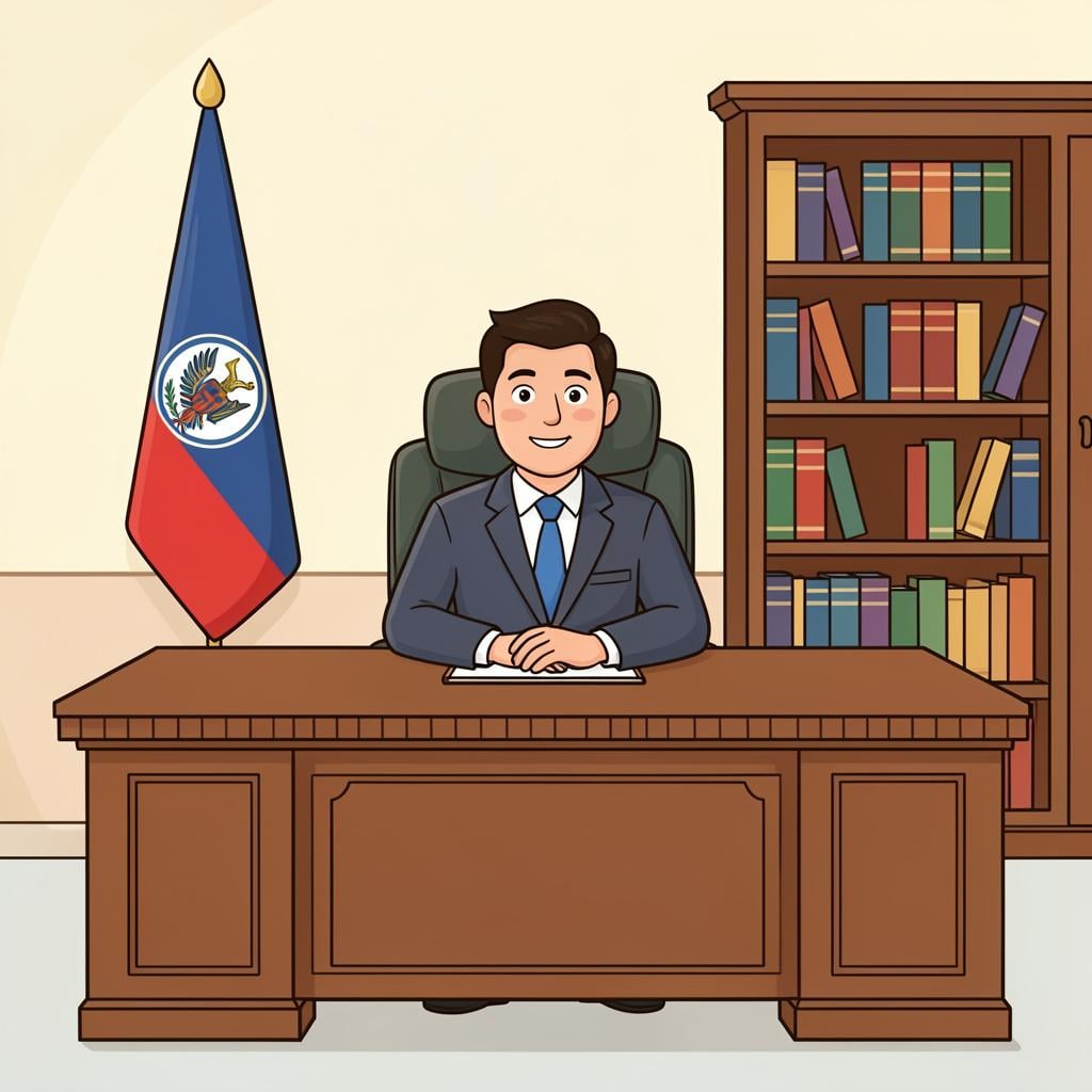 A person sitting at a large wooden desk in a formal office, wearing a professional suit and listening attentively.