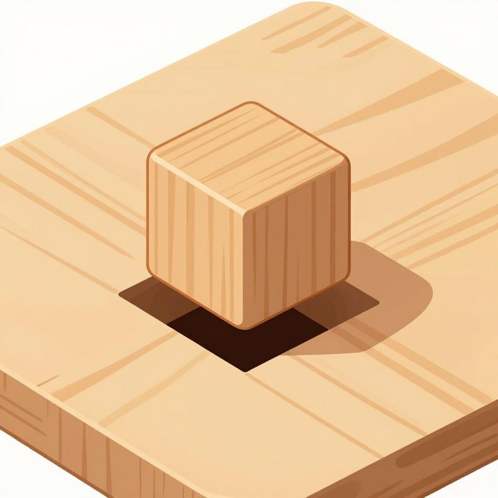 小さな四角い木片が、より大きな木製の土台の四角い穴にぴったりとはまっている様子。