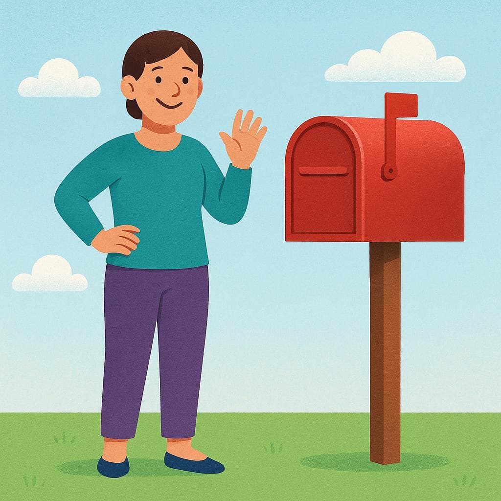 A high quality simple colorful storybook illustration of a cheerful adult of short stature standing next to a standard-sized mailbox that towers over them.