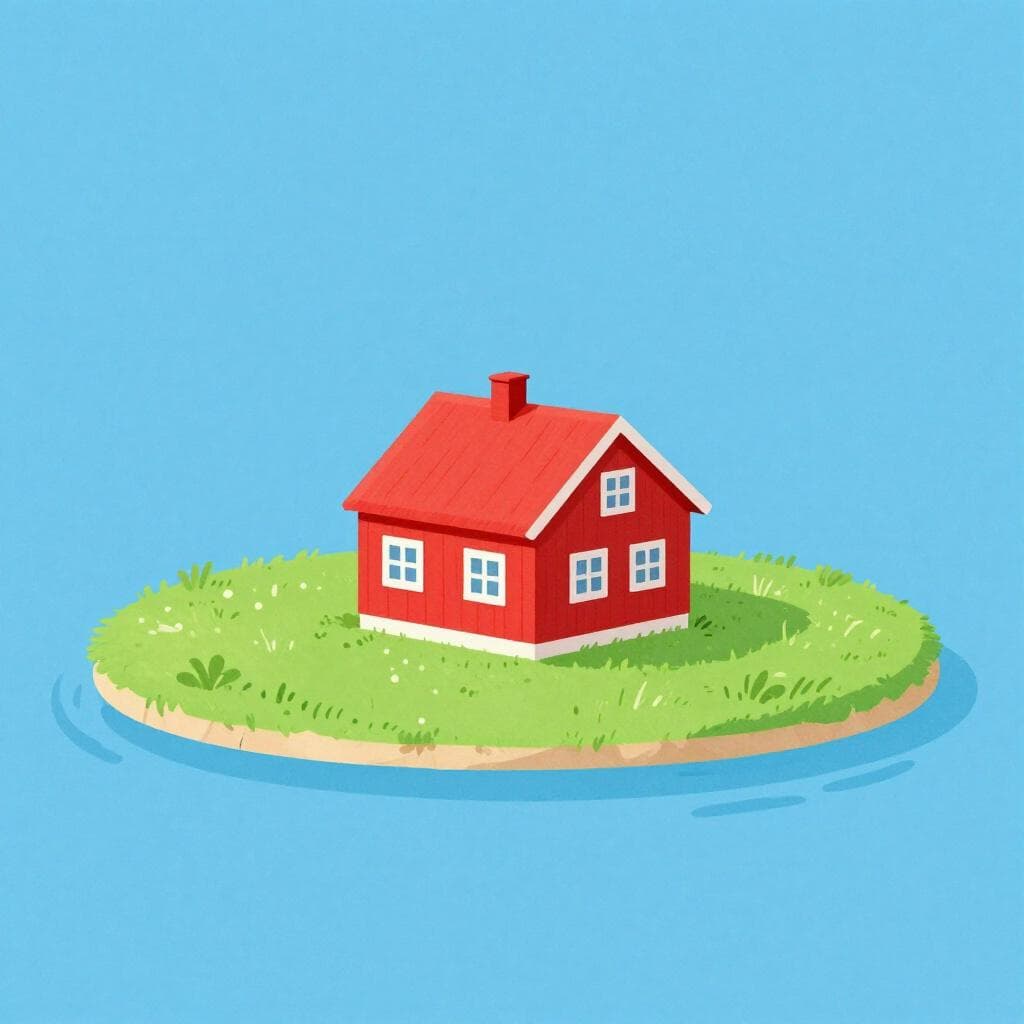 Une seule maison colorée se dresse seule sur une petite île, représentant un contrôle exclusif.