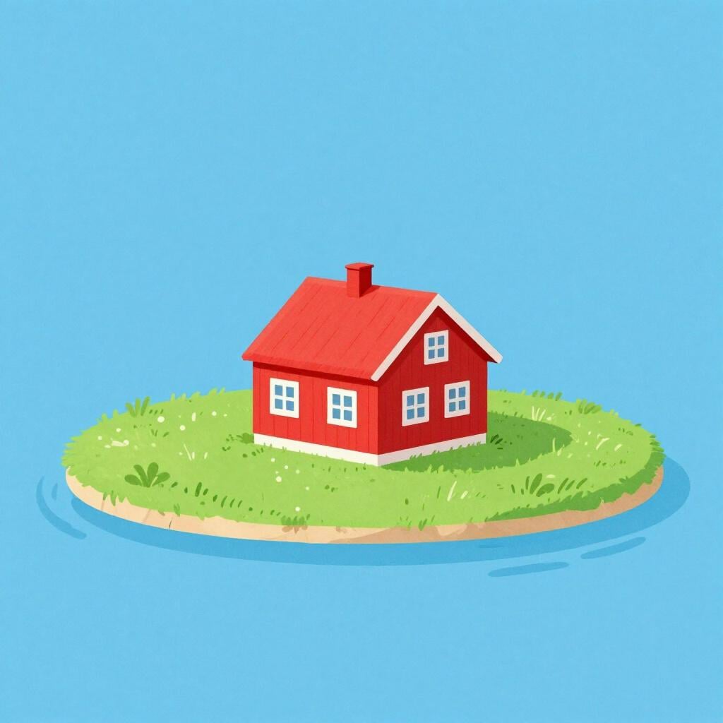 Een enkel kleurrijk huis dat alleen op een klein eiland staat, wat exclusieve controle symboliseert.