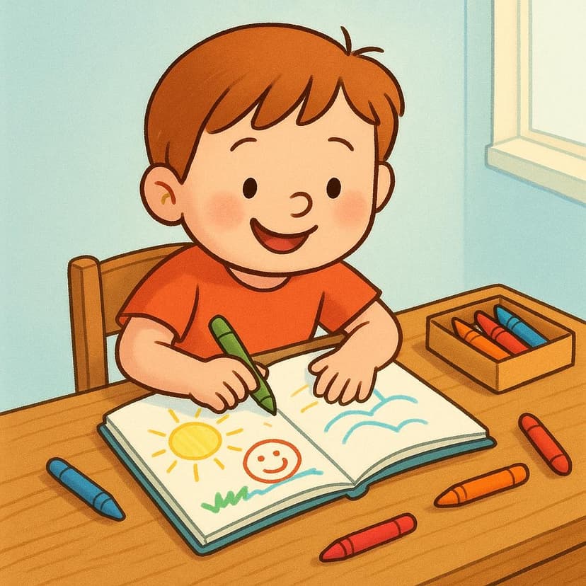A diligent child sitting at a desk, coloring a picture or writing in a notebook, illustrating an ongoing action in the past.
