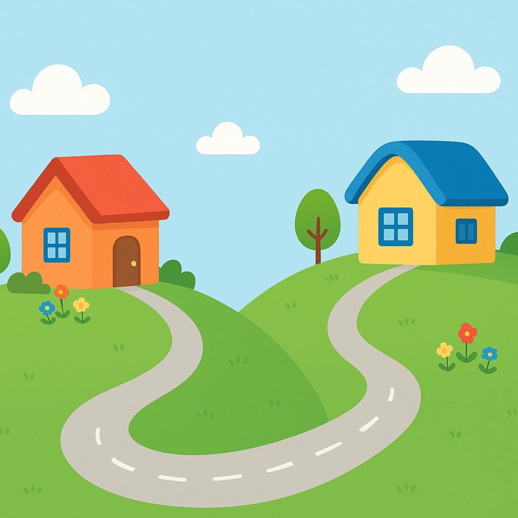 A colorful illustration depicting two separate small towns or stylized houses on hills connected by a clearly defined, winding road and a simple bridge.