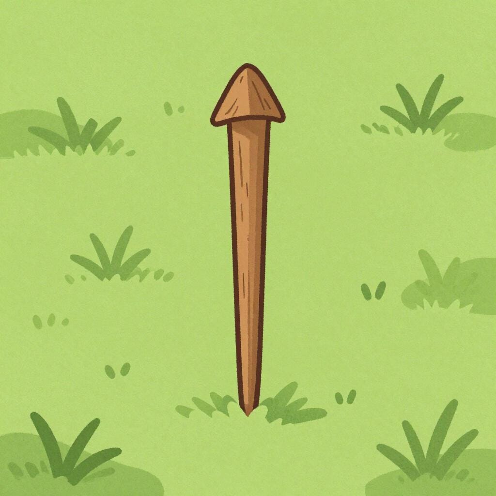 Un paletto di legno conficcato nell'erba verde.