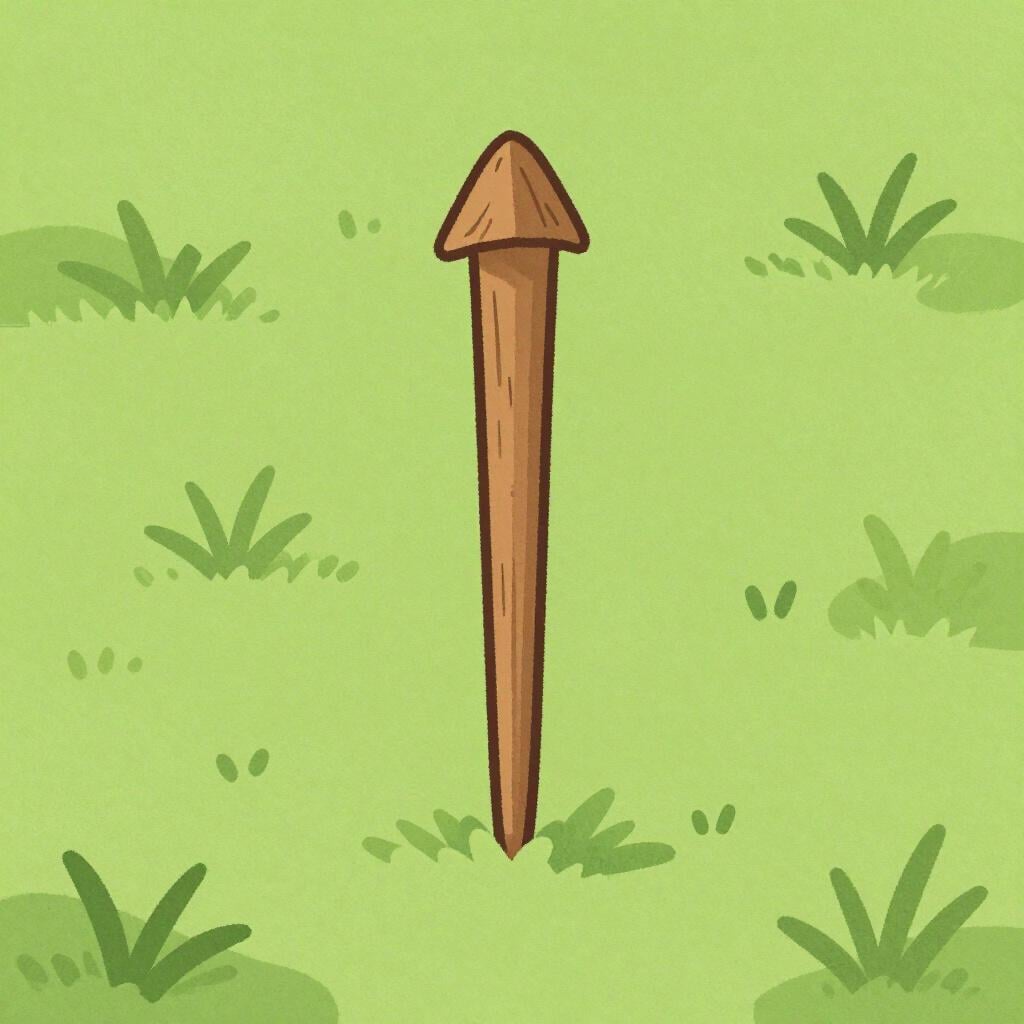 Uma estaca de madeira cravada em grama verde.