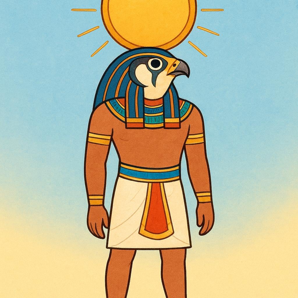 A high quality simple colorful storybook illustration of the Egyptian god Ra, depicted with a human body, a falcon head, and a large golden solar disk resting on his head.