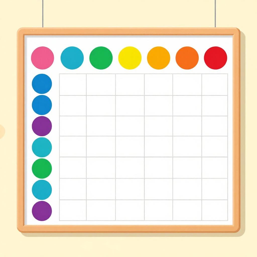A colorful wall chart with different colored magnets representing different workers on a weekly rotation.