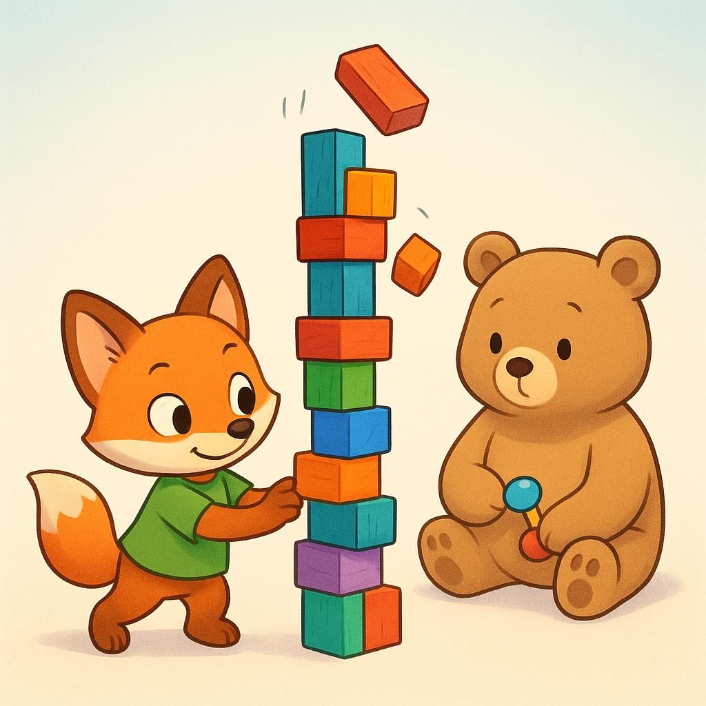 A cartoon fox cub wearing a green shirt is secretly tipping over a tall stack of colorful wooden blocks built by a nearby, unaware cartoon bear.