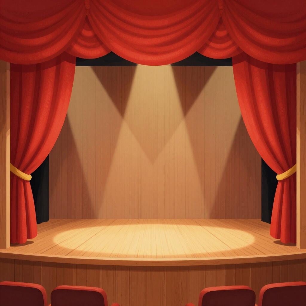 A classic wooden stage with heavy red velvet curtains tied back at the sides.