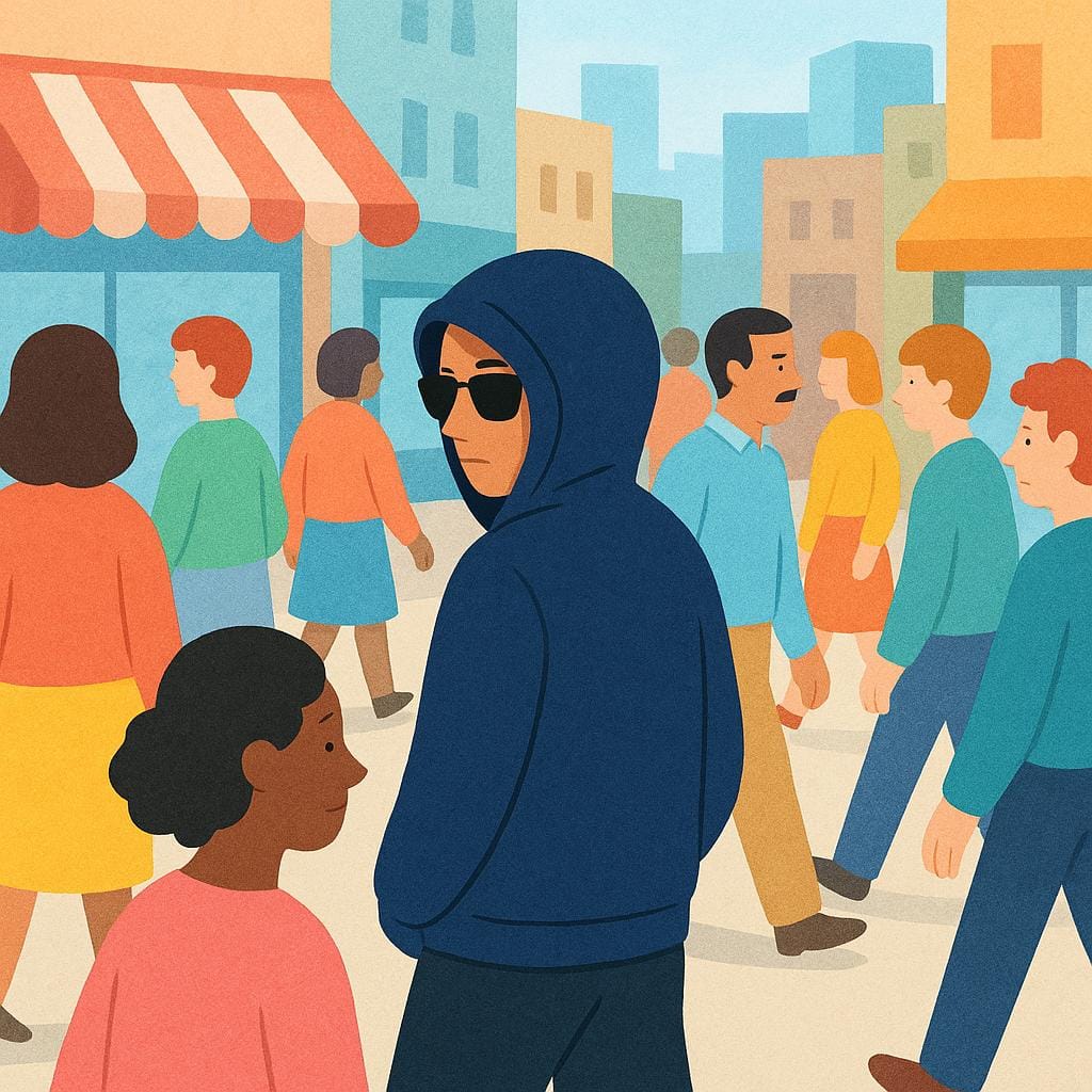 A person in a plain hoodie and sunglasses walking through a crowd, blending in while observing.