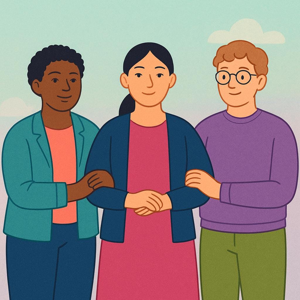 Trois figures d'apparence diverse se tenant épaule contre épaule, se tenant fermement les bras derrière le dos, symbolisant l'unité et la cohésion.