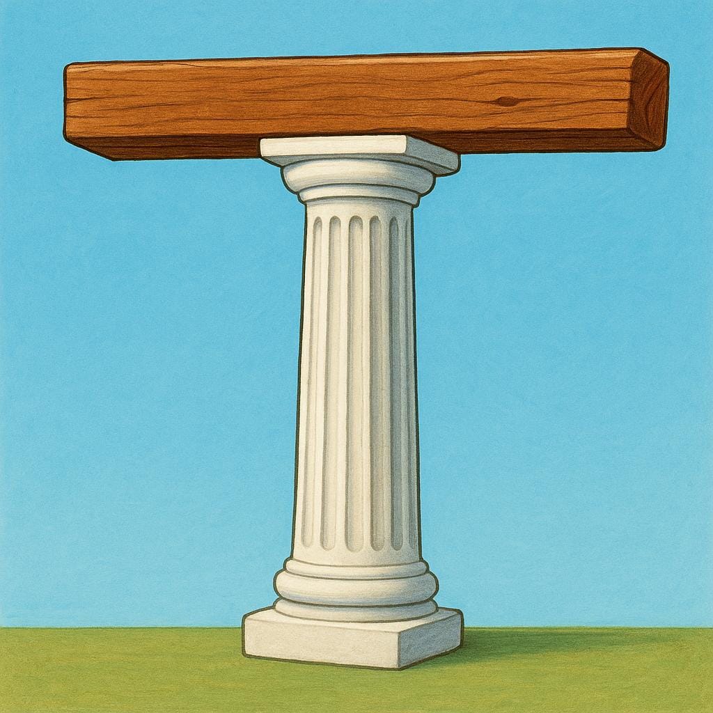 Une colonne de pierre unique, épaisse et lisse soutenant fermement une lourde poutre en bois au-dessus d'elle.