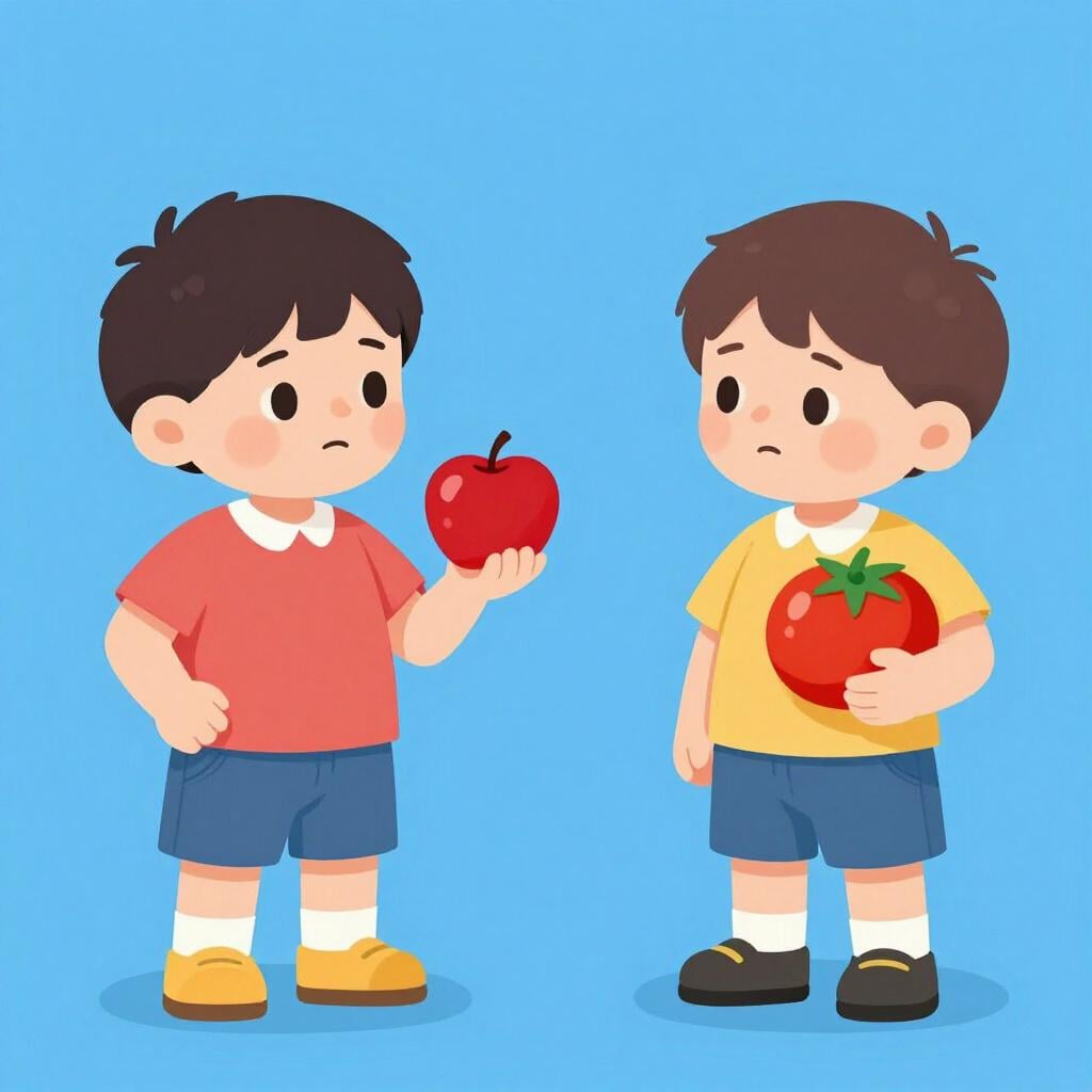 2つの異なる赤い果物を手に持ち、どちらがどちらか決めかねているような困惑した表情でそれらを見つめている子供。