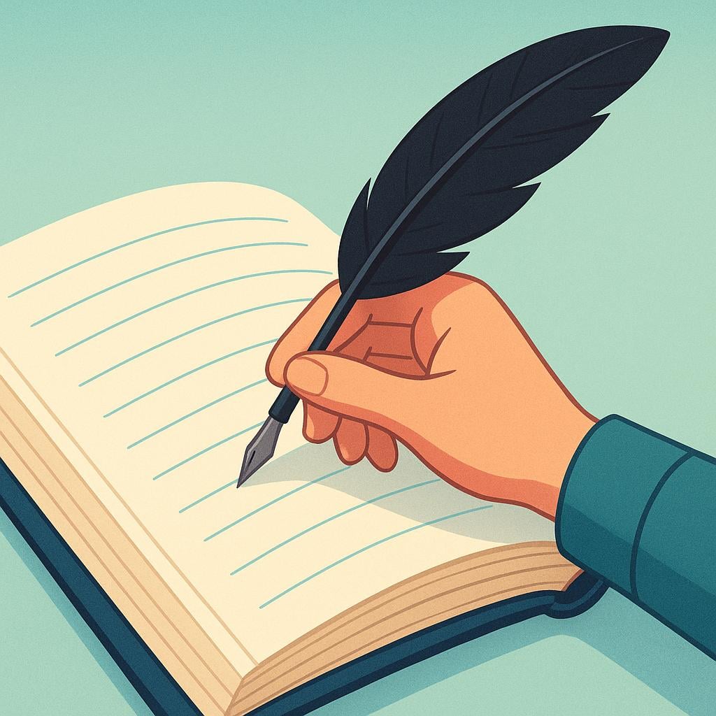 A hand holding a quill pen ready to write in a large, open ledger book.