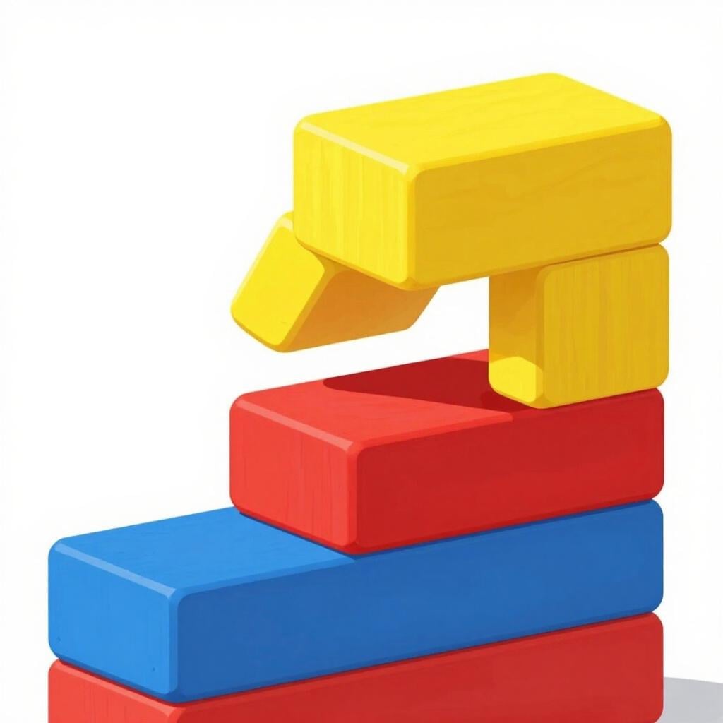A single colorful building block being placed on top of a larger stack of blocks.