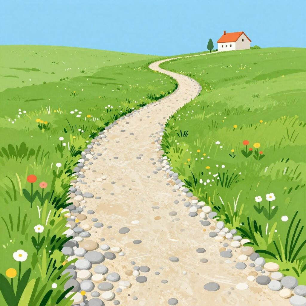 Een kronkelig tuinpad dat heen en weer slingert door een bloemenveld in plaats van rechtdoor te gaan.