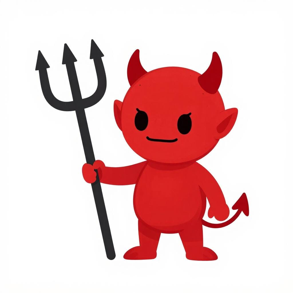 A small red devil character holding a pitchfork and smiling mischievously.