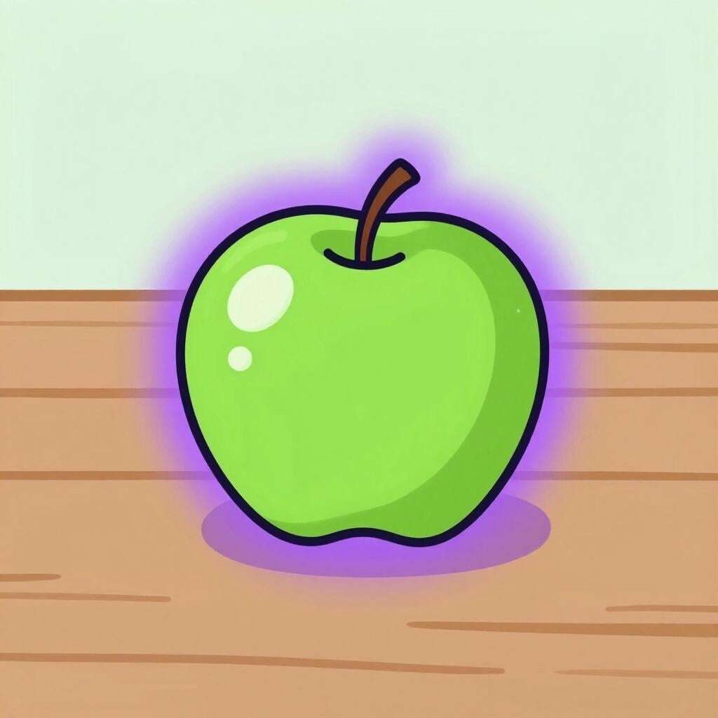 A bright green apple with a small purple skull and crossbones symbol glowing on its skin, sitting on a wooden table.