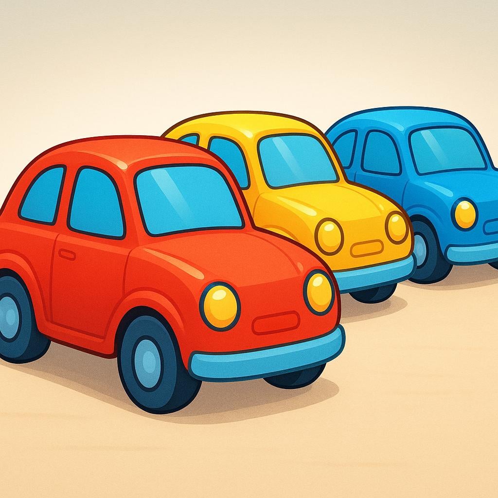 A close-up view of three identical, brightly colored toy cars sitting on a simple wooden surface. The cars are positioned near the bottom edge of the frame, emphasizing their proximity to the viewer.