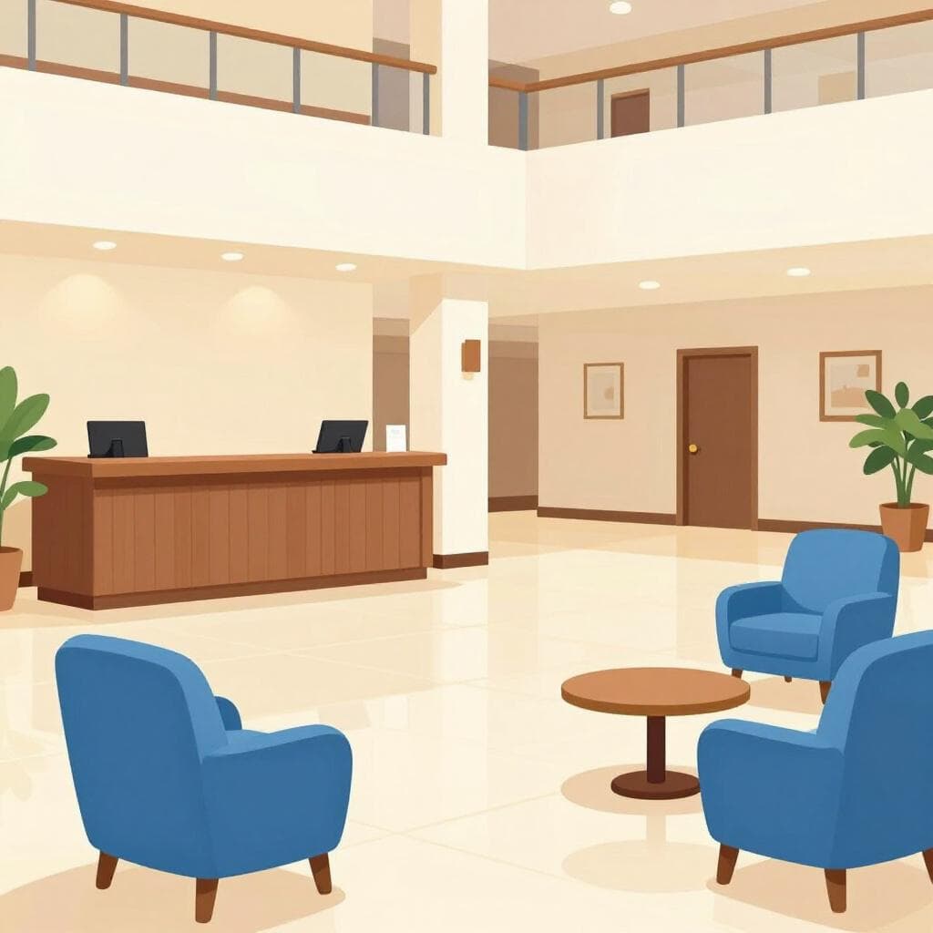 Un hall d'hôtel lumineux et accueillant avec des fauteuils confortables, un sol poli et un bureau de réception.