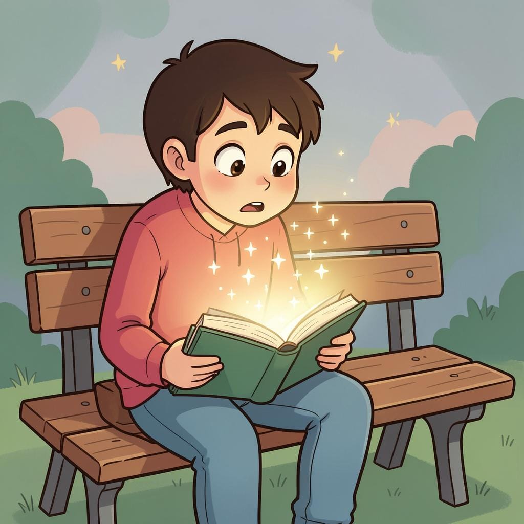 A person sitting on a bench, leaning forward with wide eyes, completely absorbed in a colorful book.