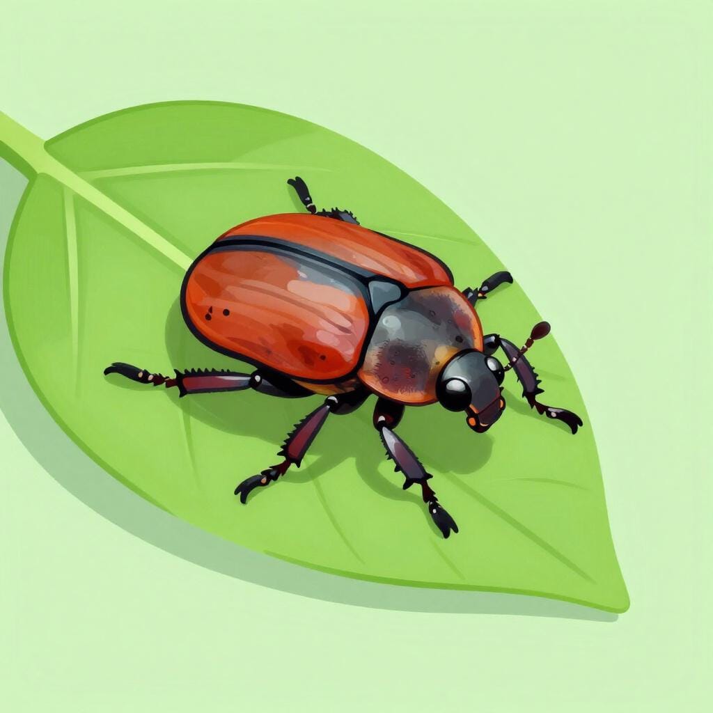 A colorful cartoon beetle with six legs and a segmented body on a green leaf.