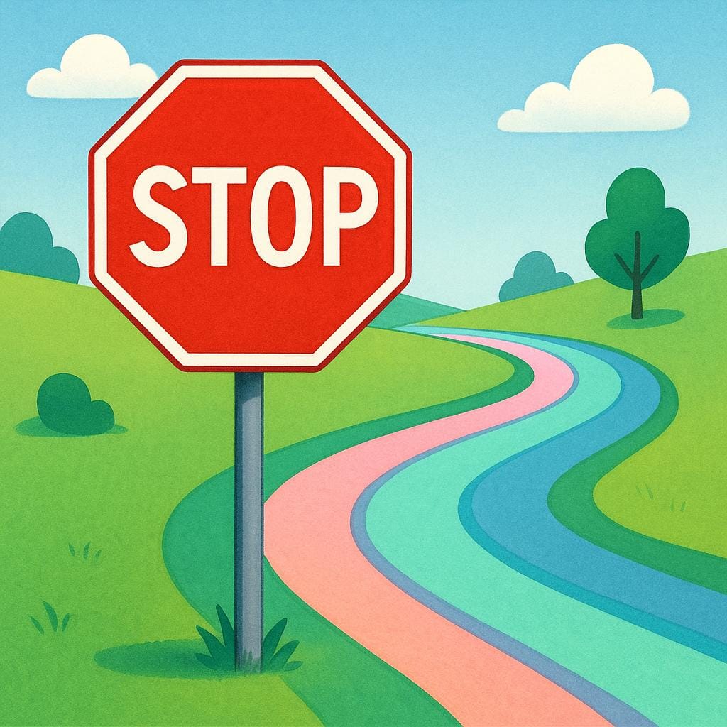 A simple red hexagonal stop sign stands prominently on a colorful, winding road, illustrating an official instruction or rule.