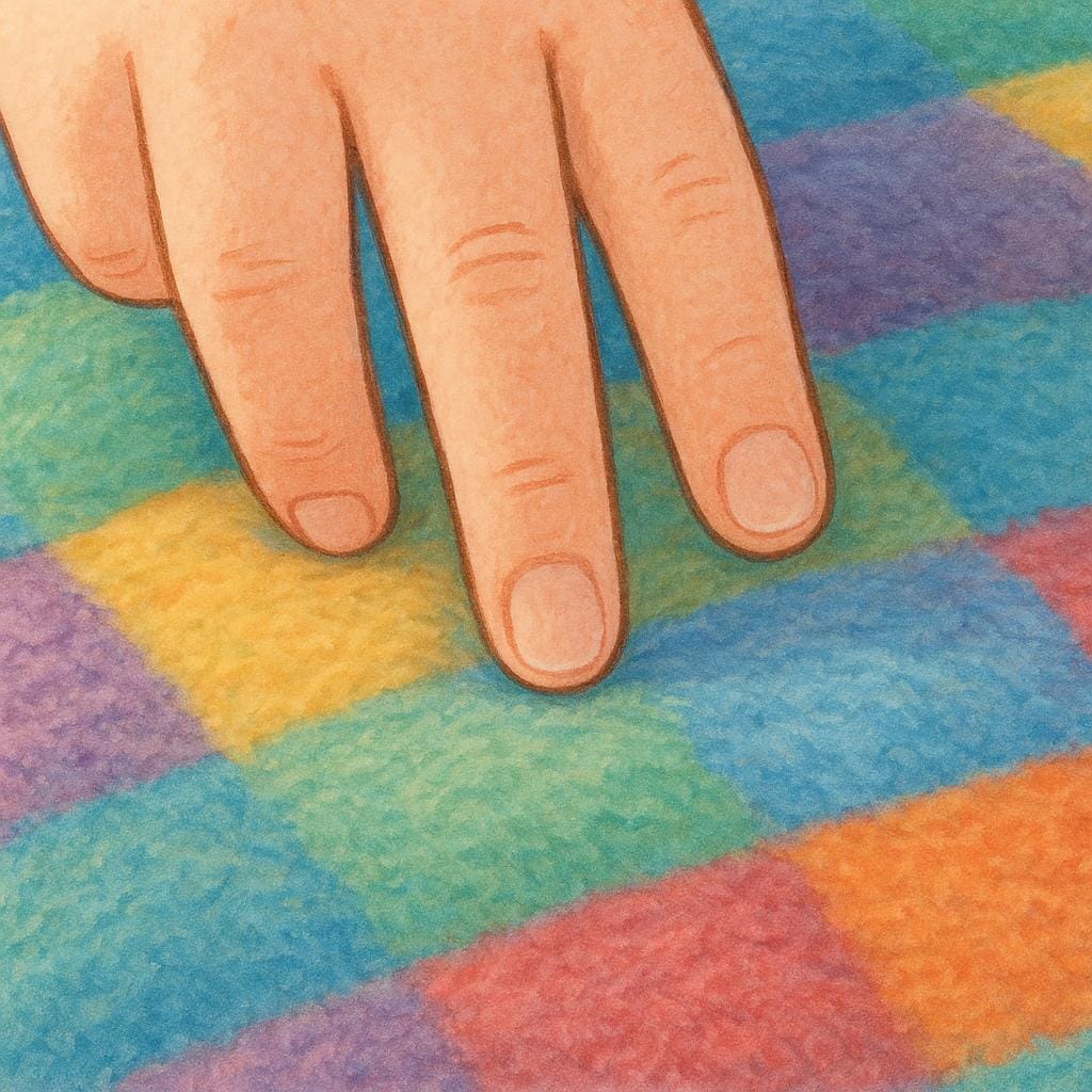 Close-up view of three human fingertips gently making contact with a brightly colored, textured fabric or blanket, illustrating multiple points of contact.