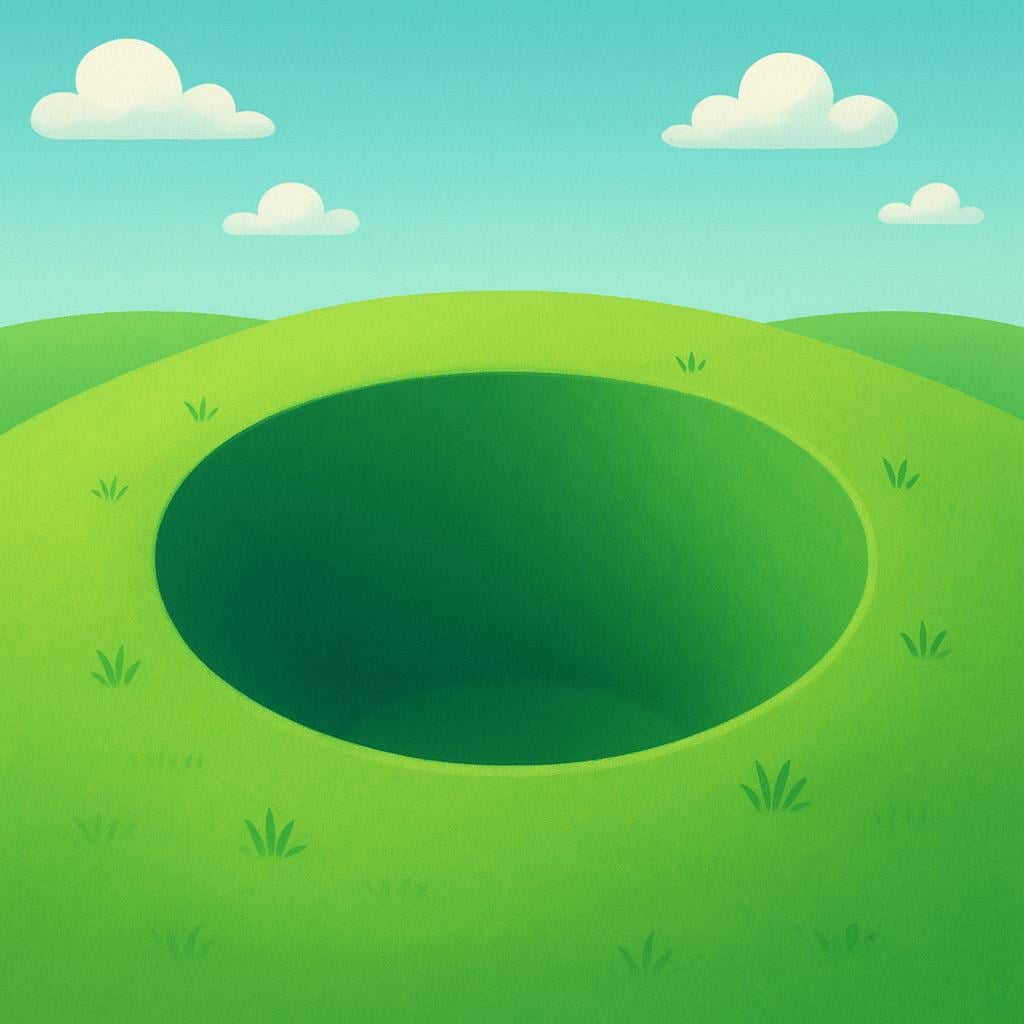 A clear illustration of a smooth, bowl-shaped dip or hollow in a green, grassy field.