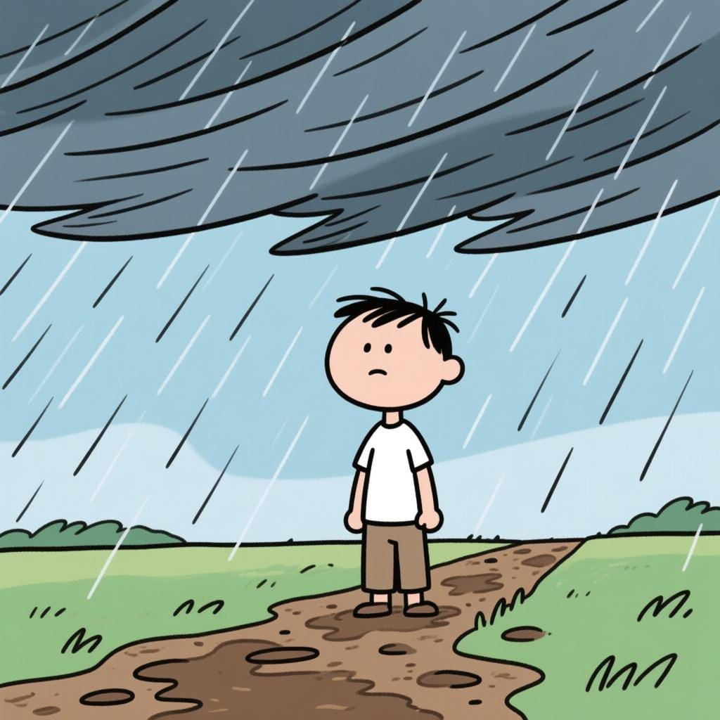 An illustration of a person standing firm and calm while a strong wind and rain batter around them, symbolizing emotional strength.