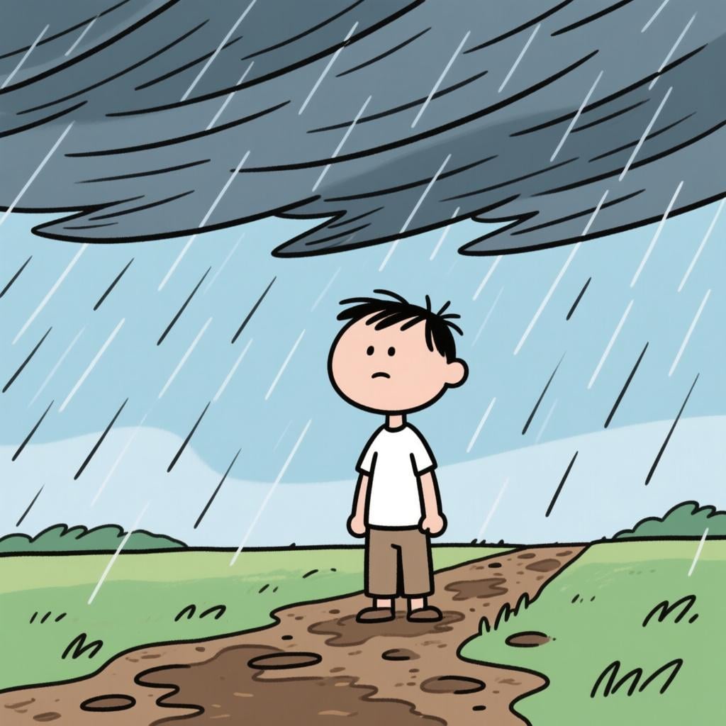 An illustration of a person standing firm and calm while a strong wind and rain batter around them, symbolizing emotional strength.