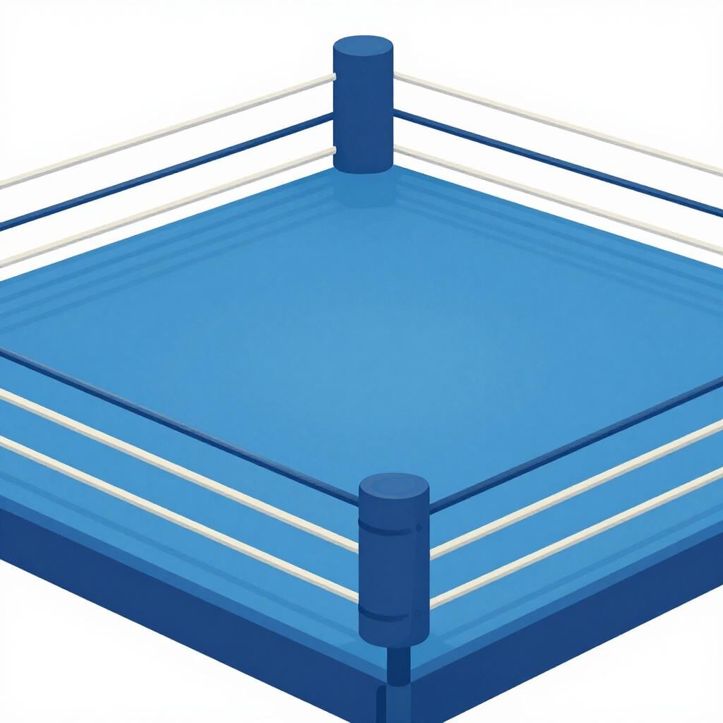 A wide view of the blue canvas floor of a professional boxing ring with red ropes.