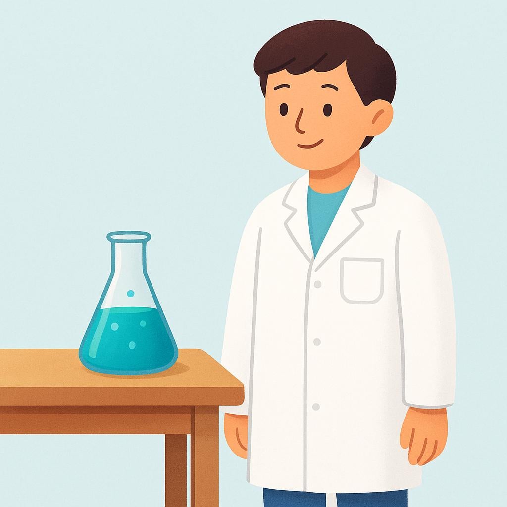 A person wearing a crisp, white lab coat standing near a chemistry beaker.