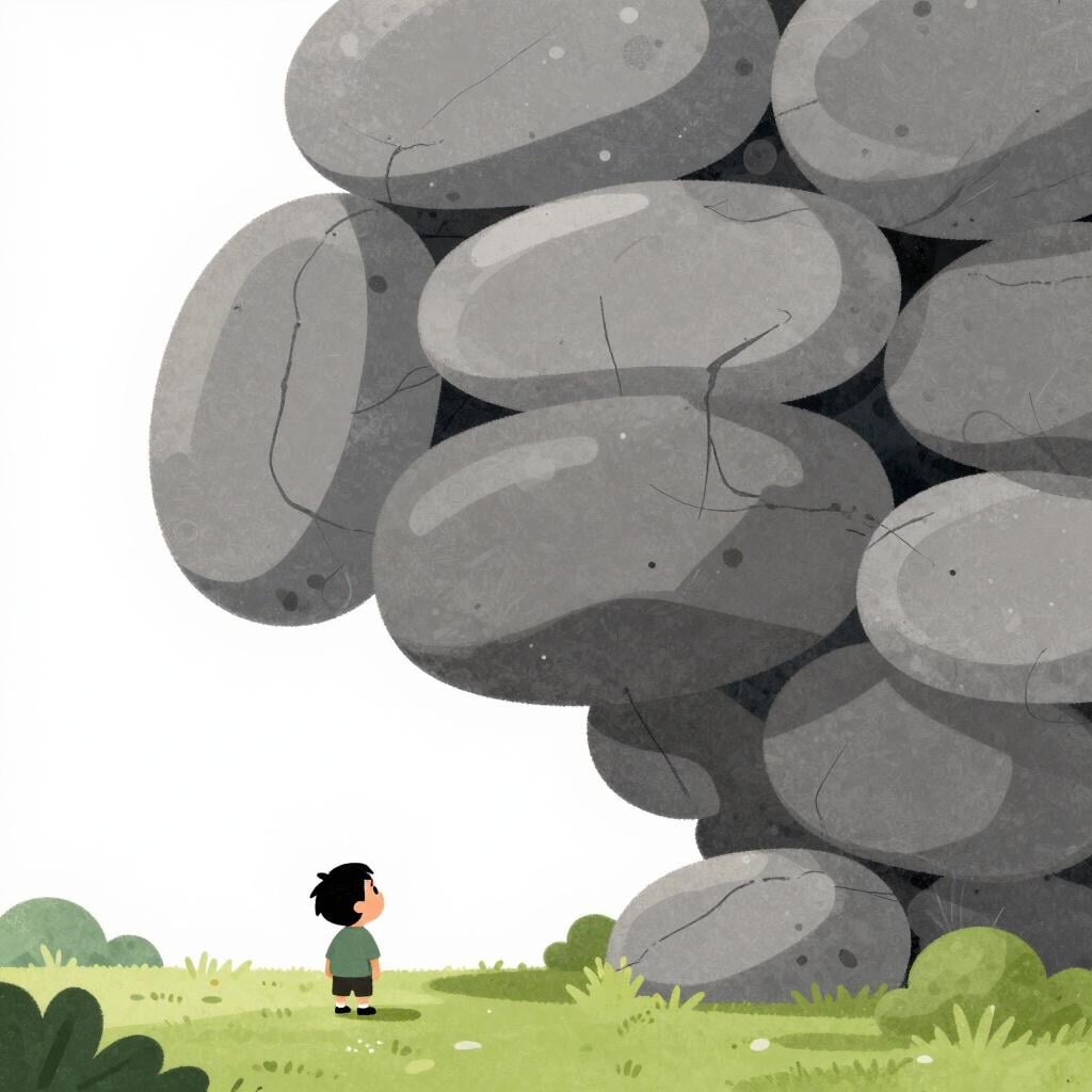 A small person standing at the bottom of a massive, tall pile of large, heavy boulders.
