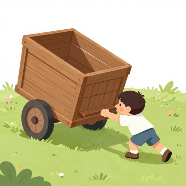 Ein kleines Kind schiebt sanft einen großen Holzspielzeugwagen, der für das Kind zu schwer aussieht.