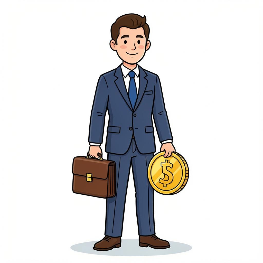 A person in a professional suit holding a leather briefcase and a single gold coin.