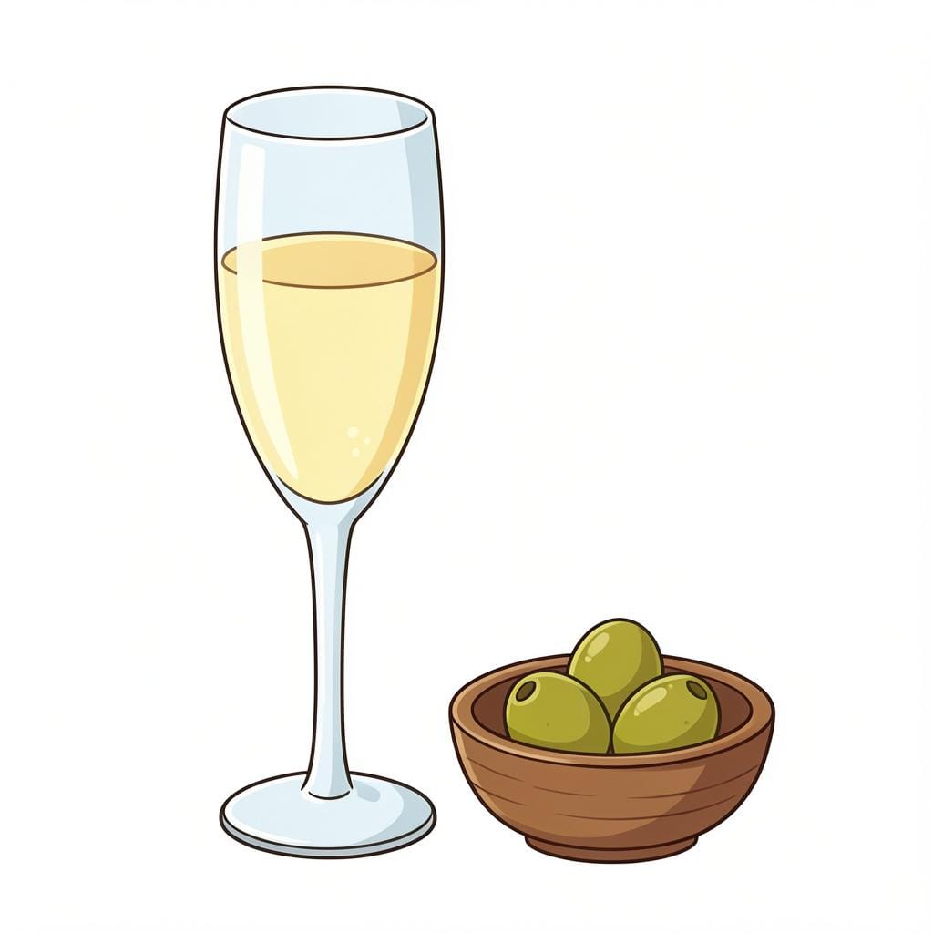 A chilled glass of pale yellow wine next to a small bowl of green olives.