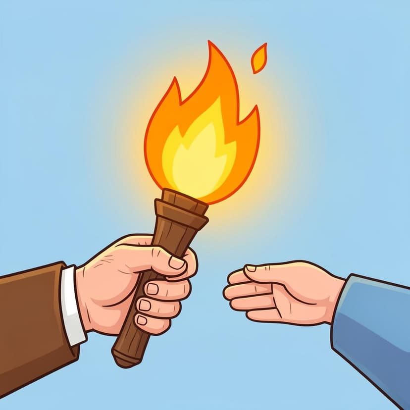 Une personne passant une torche allumée à une personne plus jeune pour maintenir la flamme allumée.