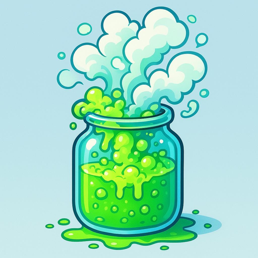 A simple glass jar containing a bright green, violently bubbling liquid that is overflowing and emitting thick steam, symbolizing volatility.