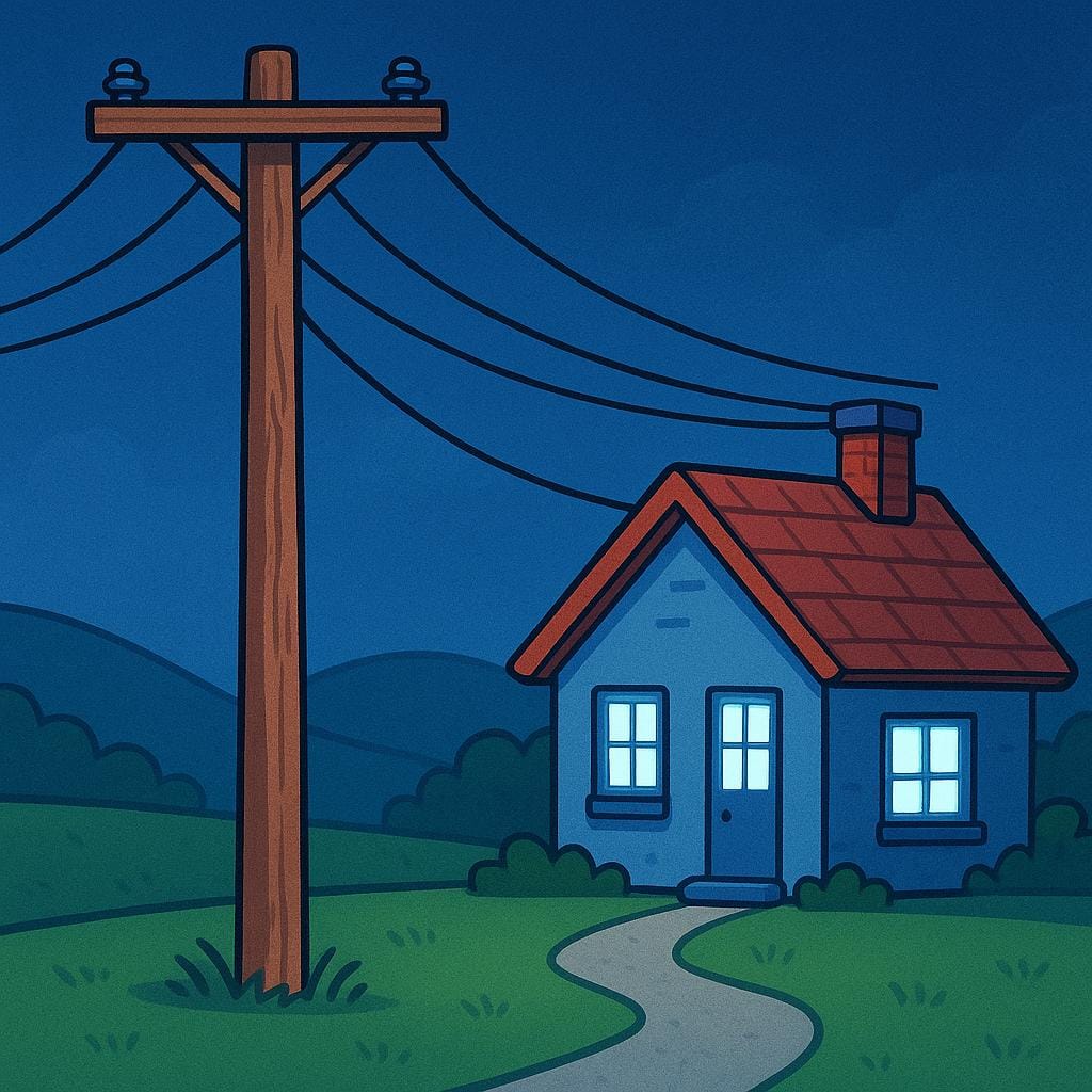 A scene showing a utility pole providing electricity via power lines to a small, illuminated cottage.