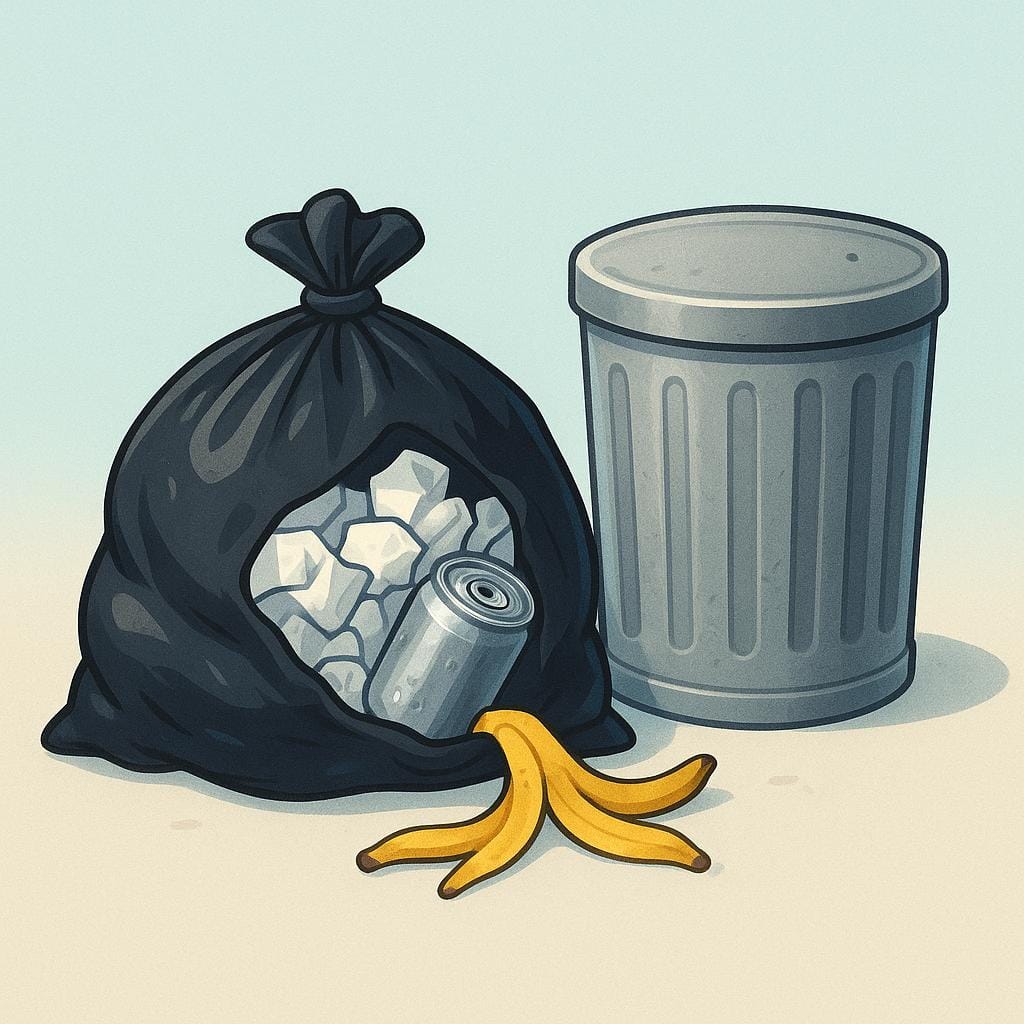 A large, black, tied-up trash bag overflowing with colorful household garbage next to a metal trash can.