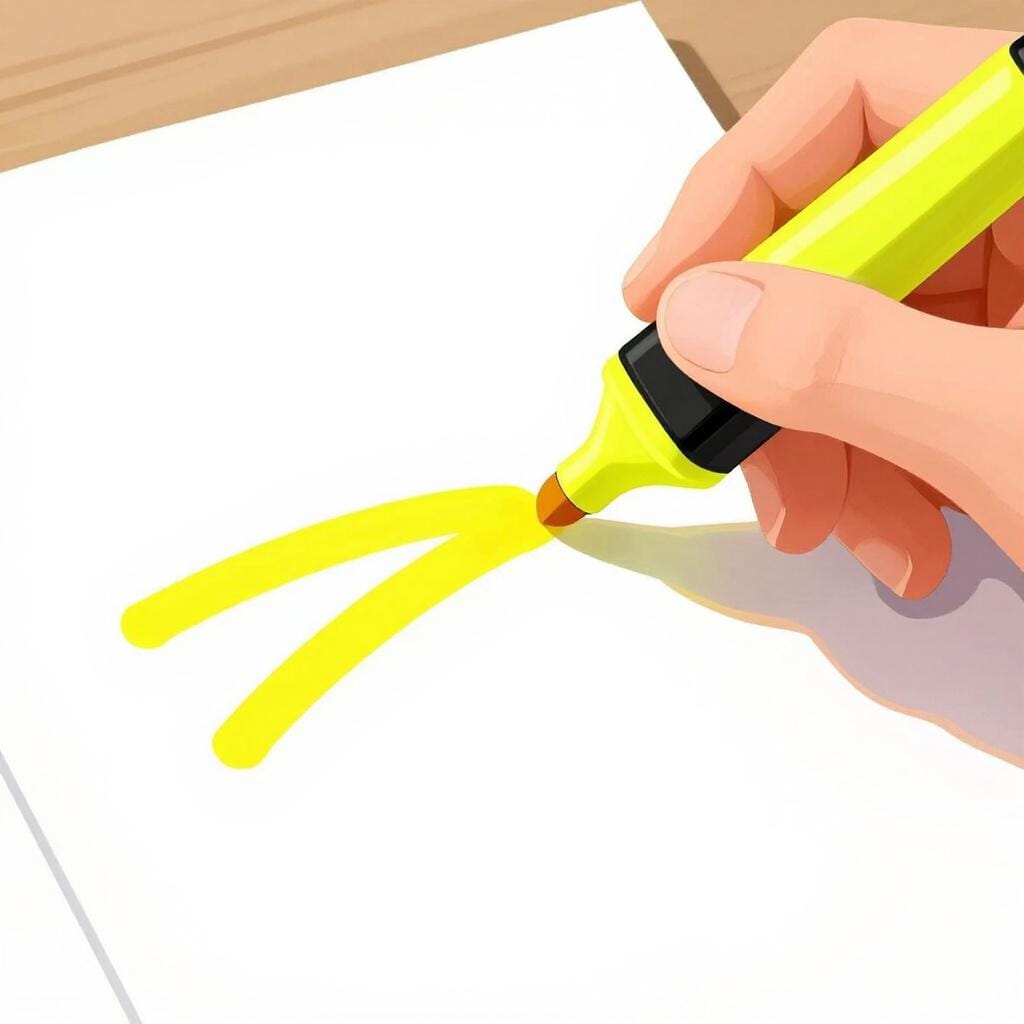 A hand holding a bright yellow highlighter, marking a thick bold line over a specific spot on a page.