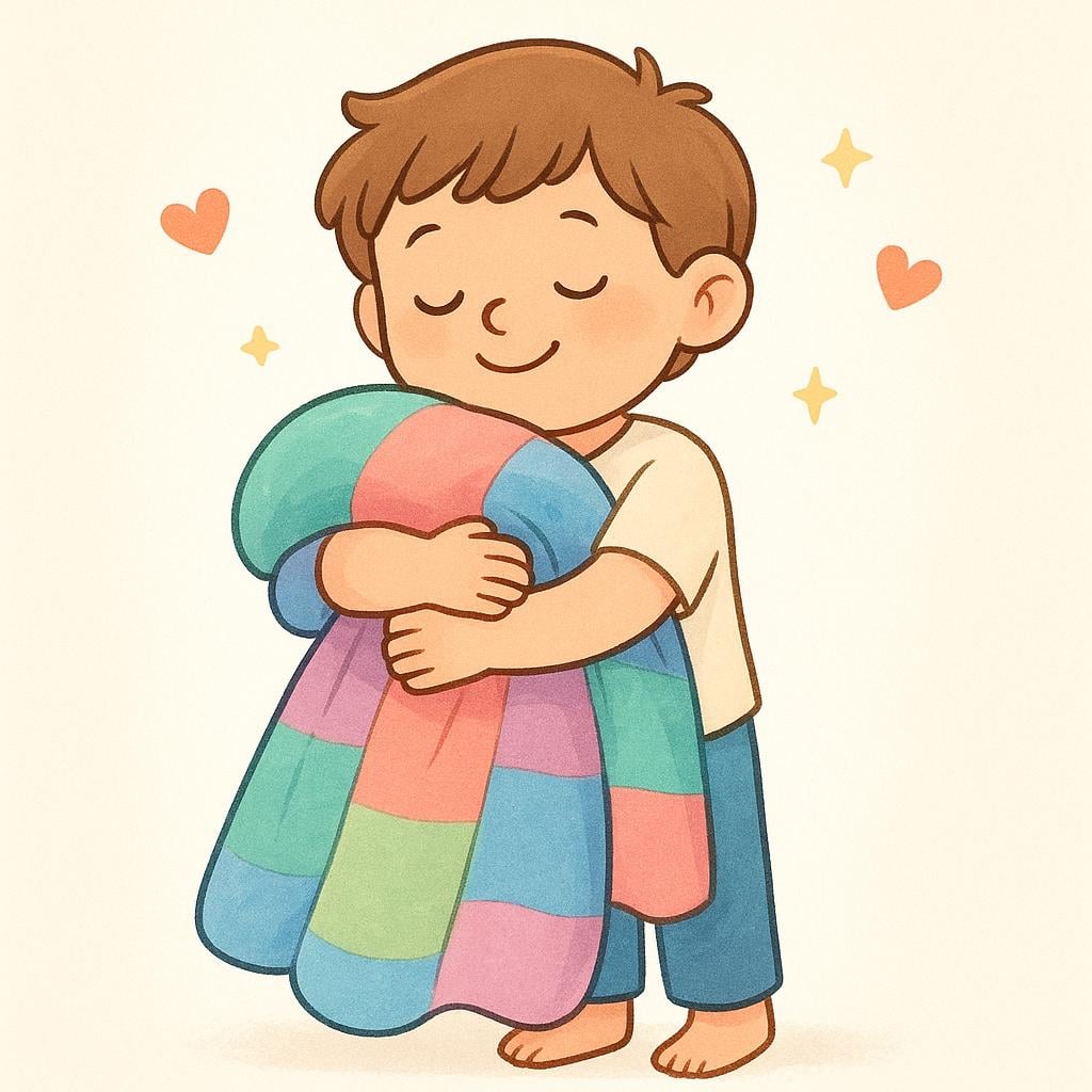 A child with a happy, relaxed expression hugging a large, soft, colorful blanket tightly, illustrating the physical feeling of comfort and warmth.