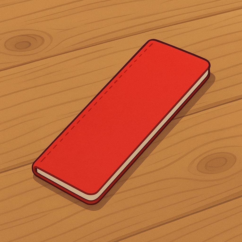 A single, extremely narrow red notebook lying flat on a wooden surface.