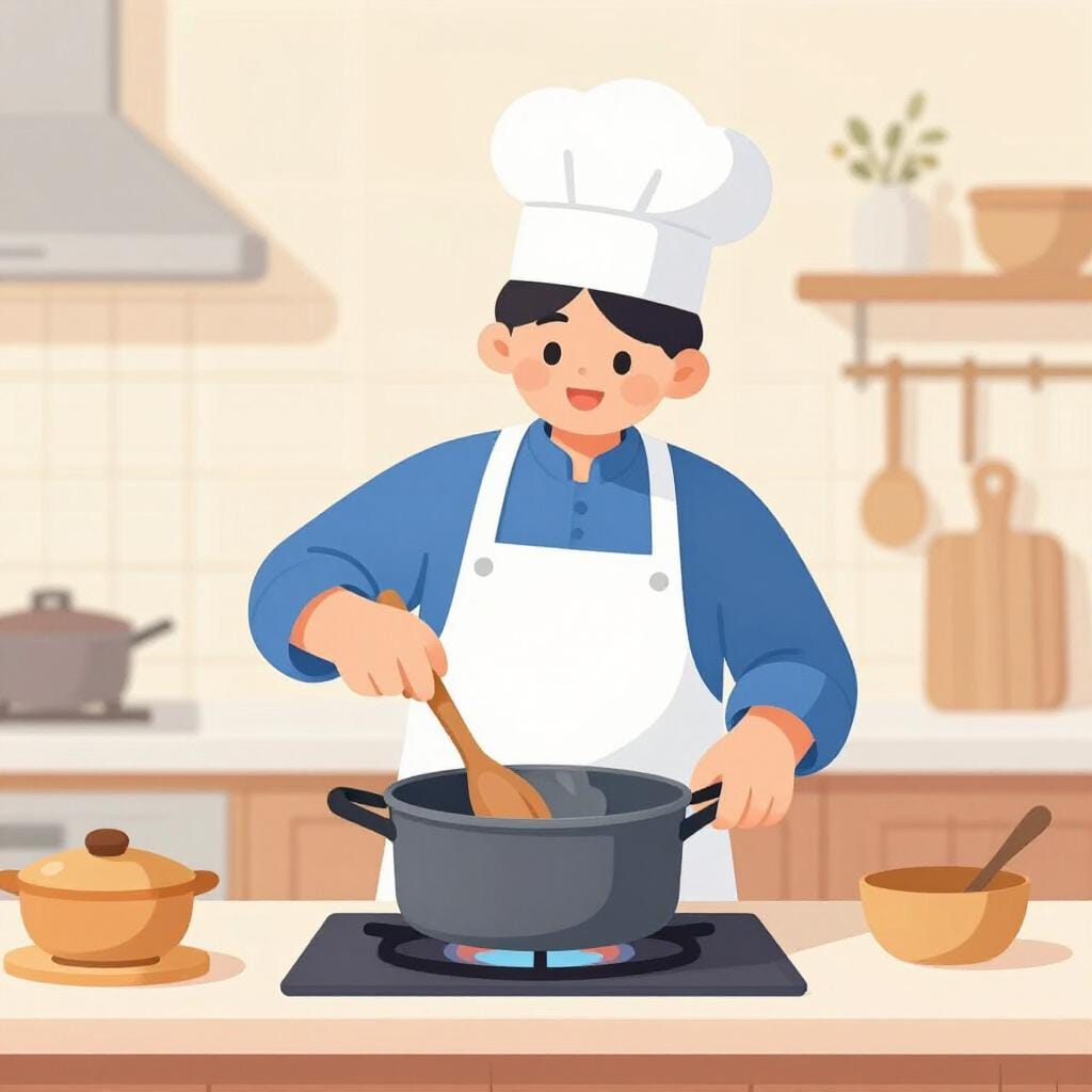주방에서 즐겁게 요리하는 요리사 복장의 사람.