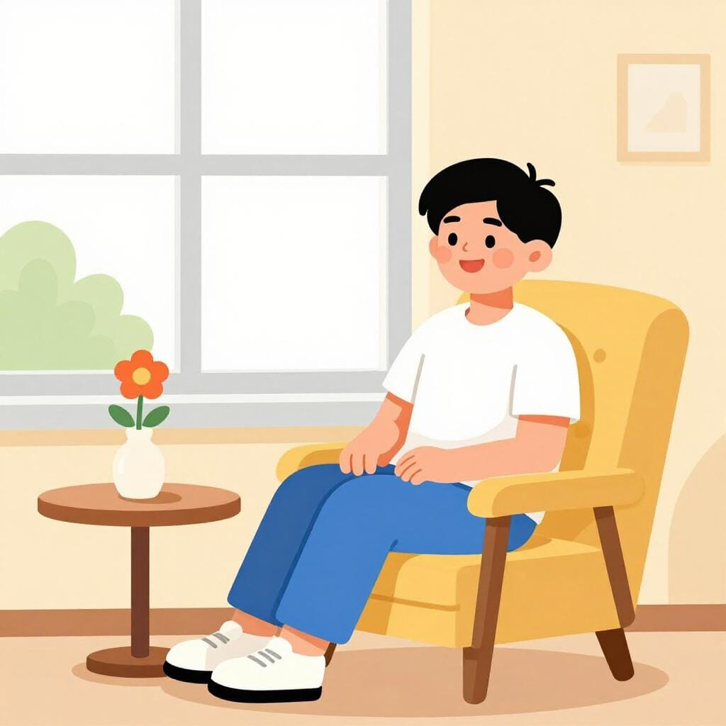 明るい窓辺に心地よさそうに座り、健康そうで笑顔の人物。近くの花瓶には鮮やかな花が飾られている。