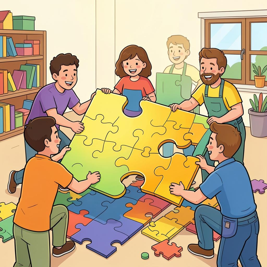 A group of diverse people putting their hands together on a large colorful puzzle piece to build something.