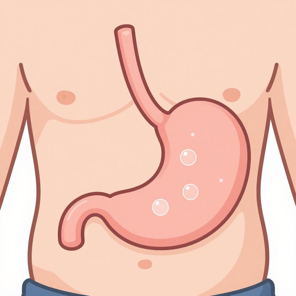 A cartoon illustration of a simplified human torso with the stomach area highlighted, showing small bubbles or pockets of air inside the digestive tract, indicating trapped gas.