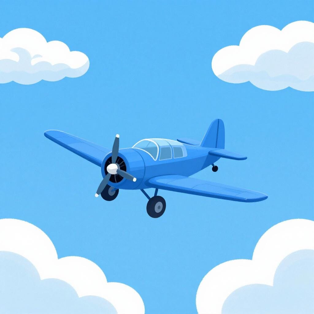 A small blue airplane flying through fluffy white clouds in a clear blue sky.